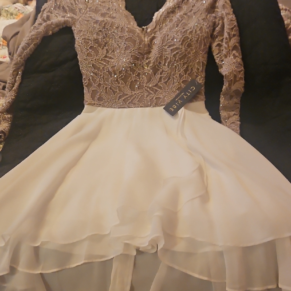 City Vibe Women's Elegant Lace Mini Evening Dress - Cream and Brown
